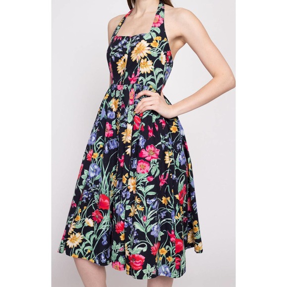 Together Dresses & Skirts - Vintage Together! Black Colorful Halter Midi Dress 4 Petite Floral Pockets EUC